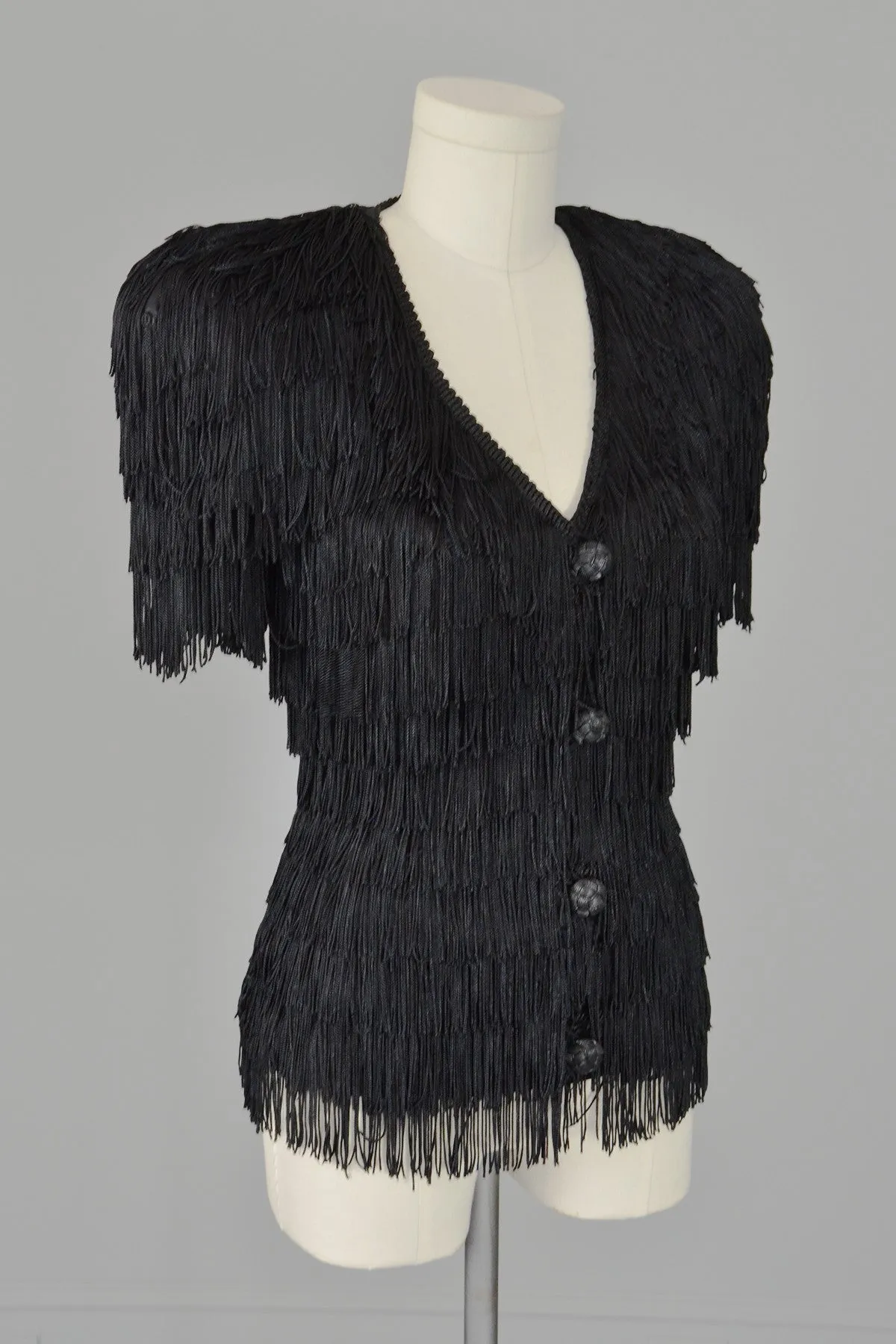 1970s 80s Black Fringe Sculpted Fierce Top