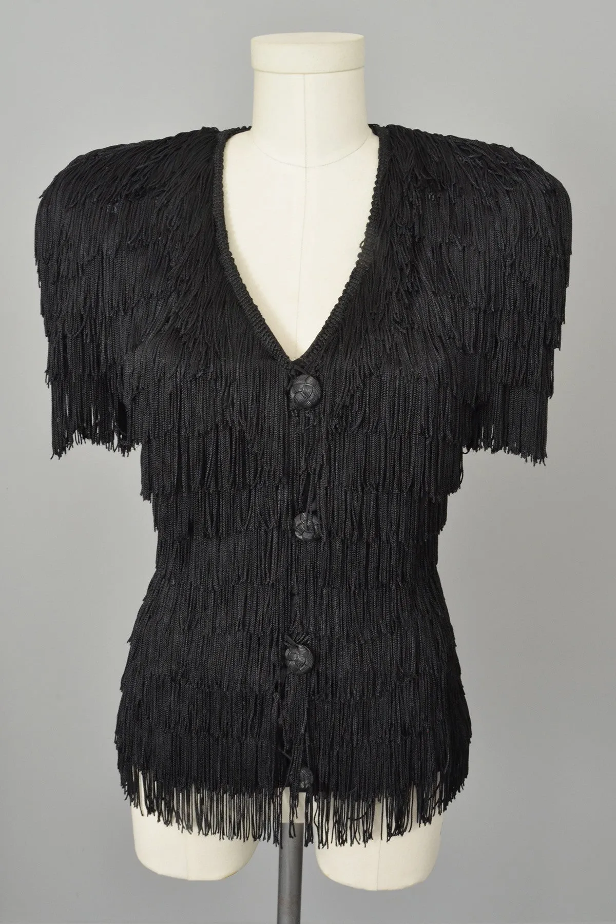 1970s 80s Black Fringe Sculpted Fierce Top