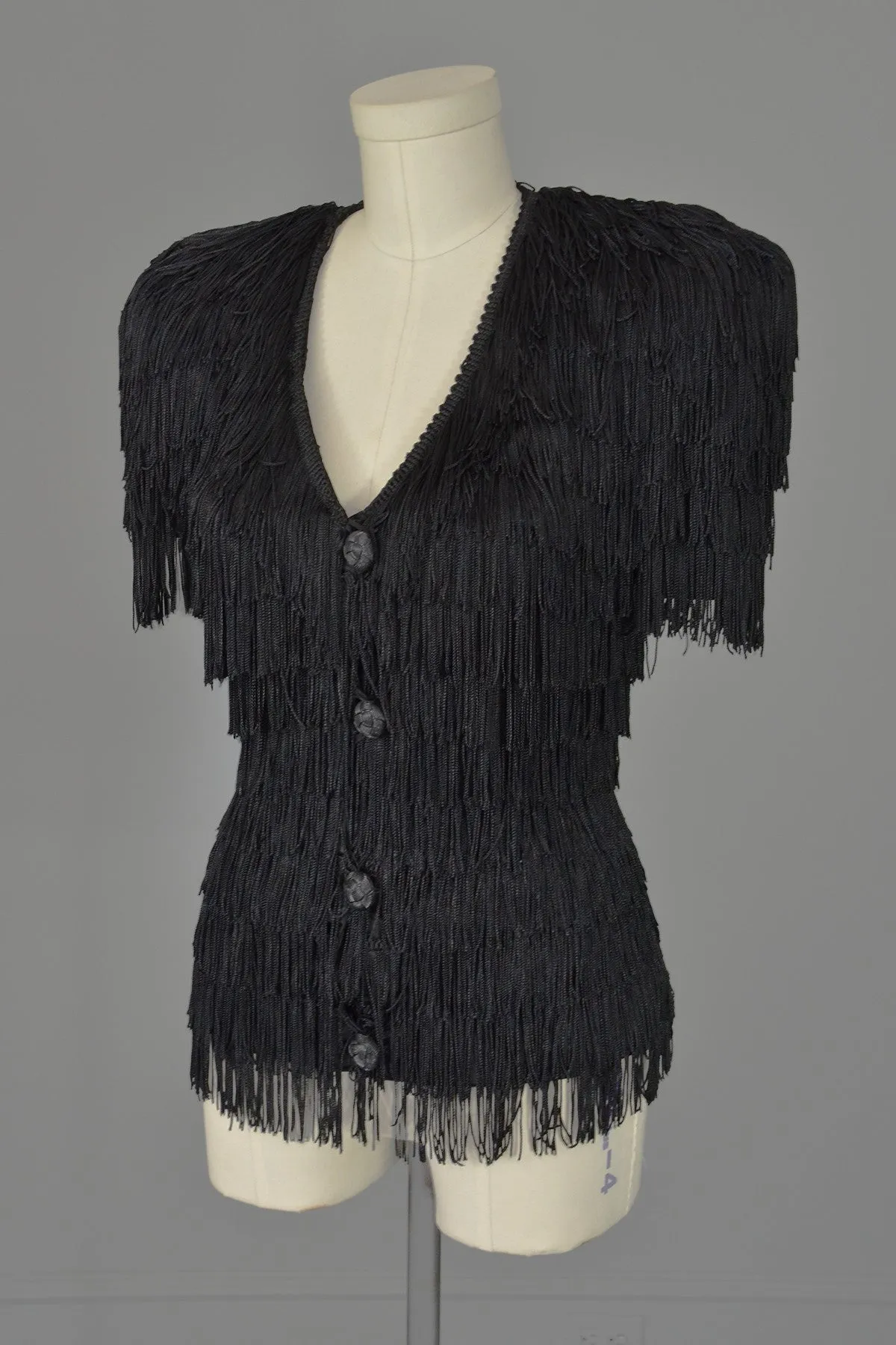 1970s 80s Black Fringe Sculpted Fierce Top