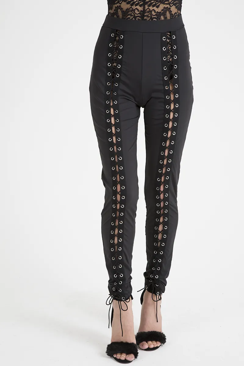 Black Lace Up Front Leggings - Hazel