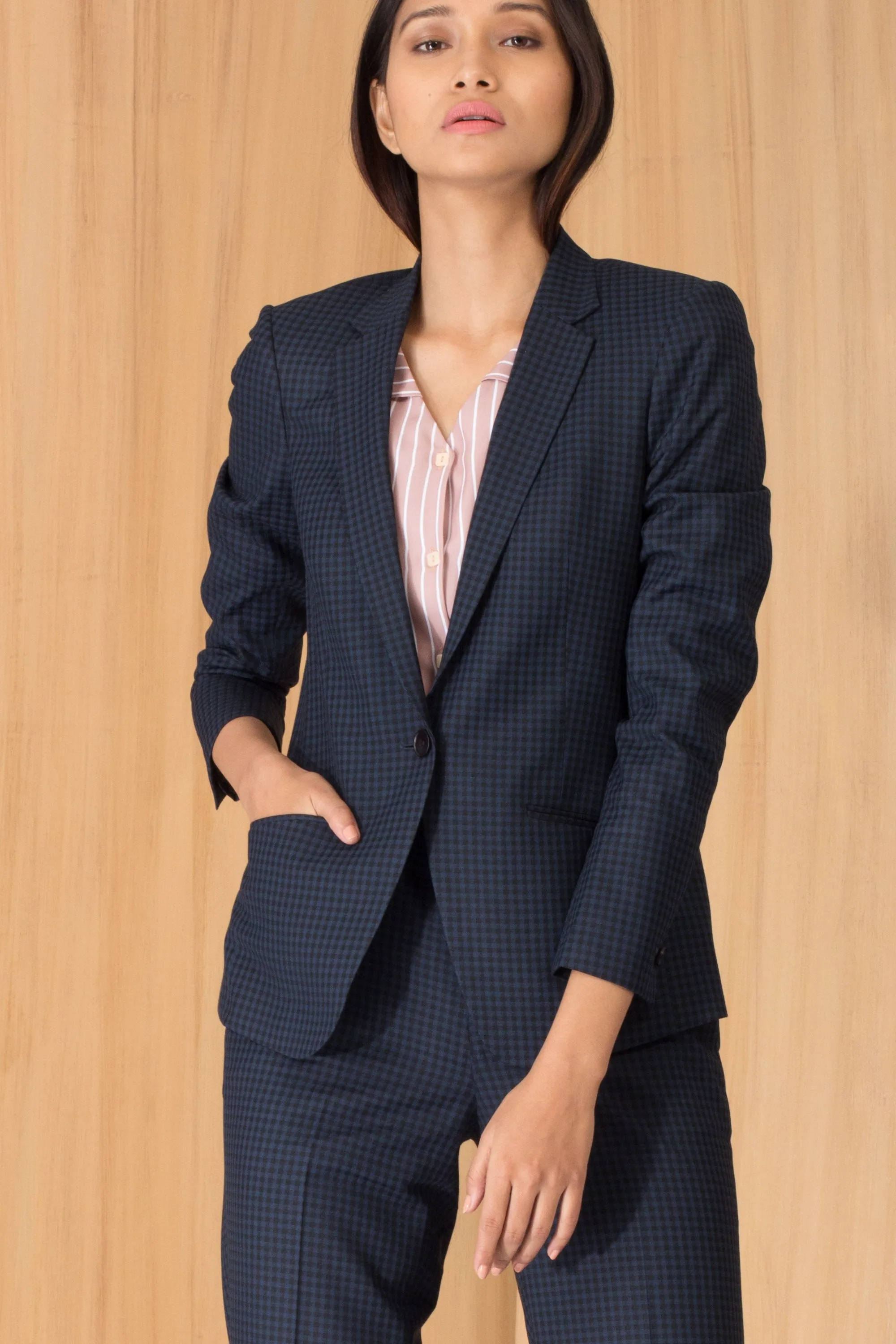 Blue Houndstooth Plaid Blazer