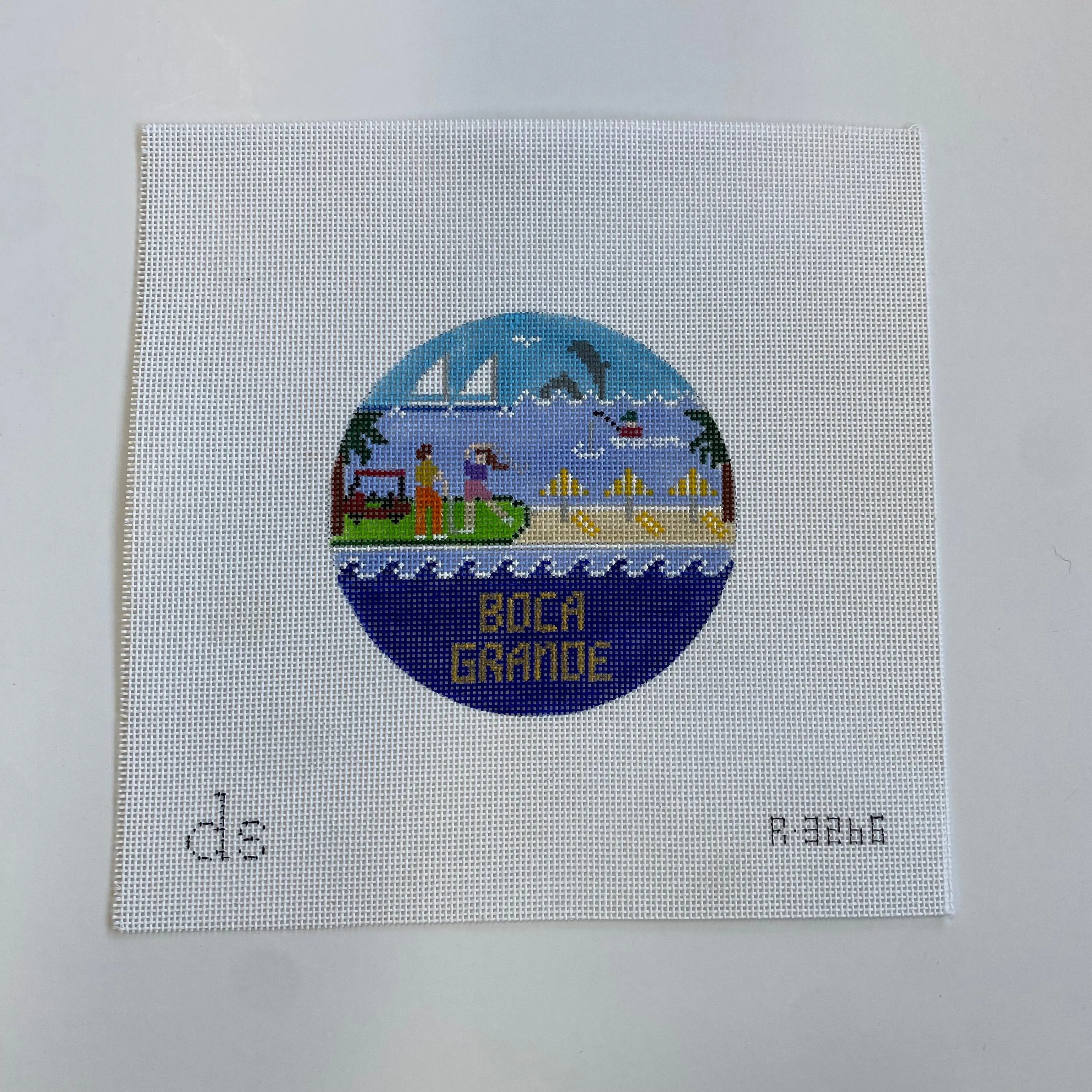 Boca Grande Golfing Travel Round Needlepoint Canvas