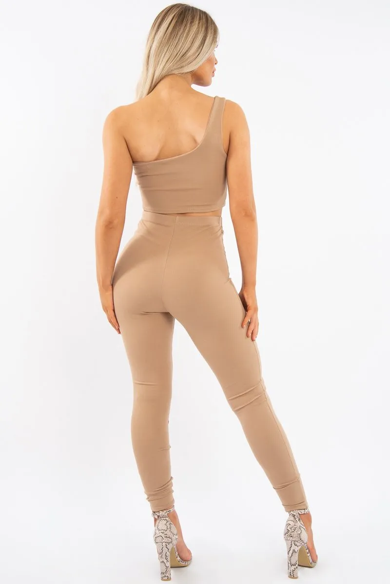 Camel One Shoulder Crop Top and Leggings Co-Ord - Marrie