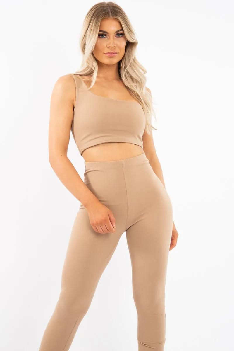 Camel One Shoulder Crop Top and Leggings Co-Ord - Marrie