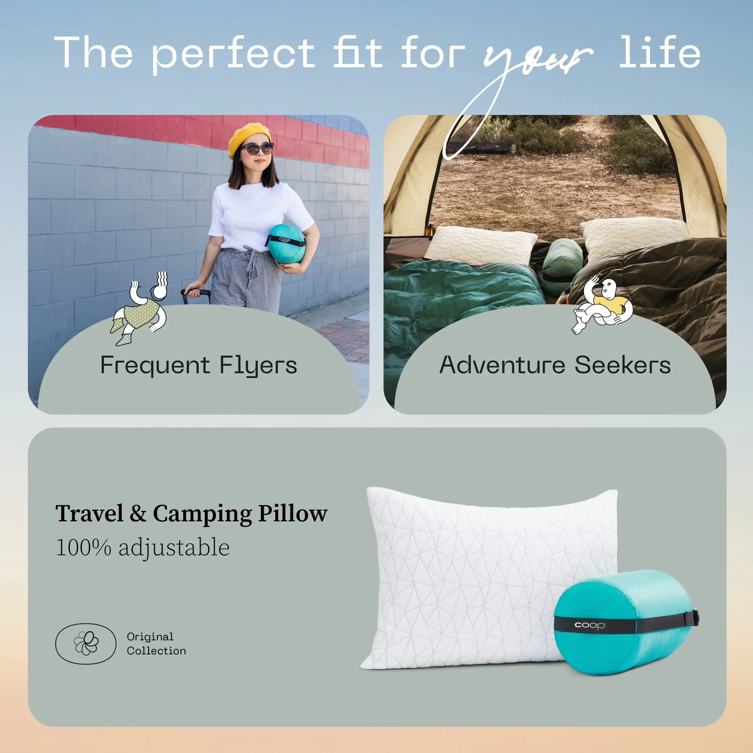 Coop Home Goods The Original Travel & Camp Adjustable Pillow, Small Camping Pillow with Compressible Stuff Sack - Medium-Firm Memory Foam with Lulltra Washable Cover, CertiPUR-US Certified (19x13)