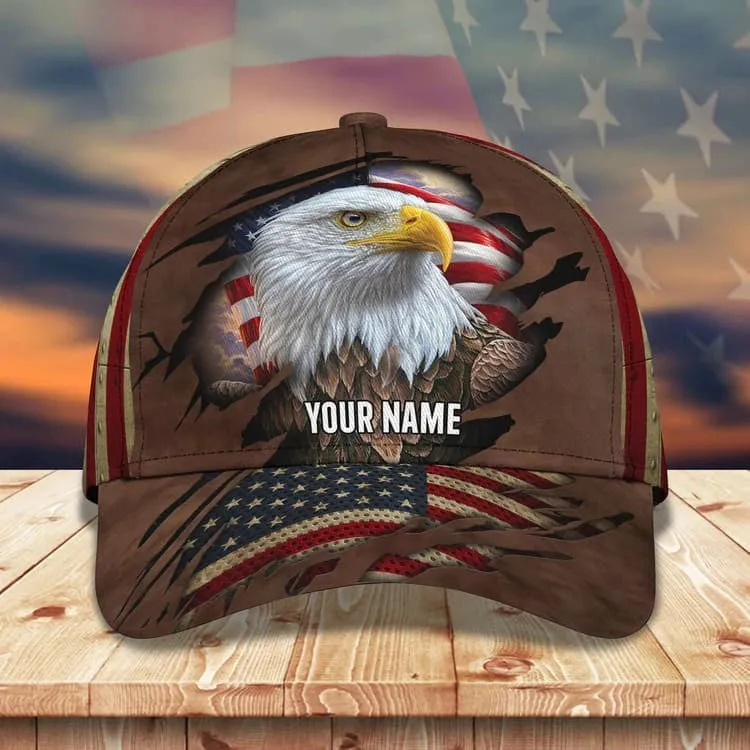 Customized Funny Eagle American Flag 3D Baseball Cap, Eagle USA Hat