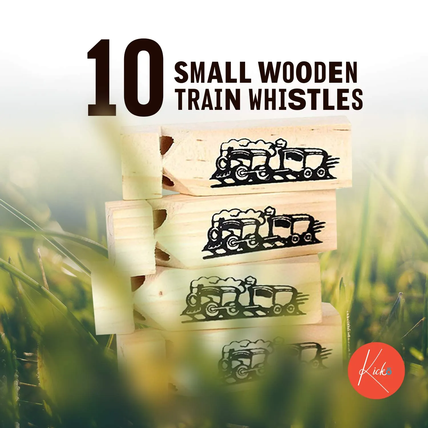 Kicko Small Wooden Train Whistles - 10 Pack - 3.5 Inch Wooden Whistle with Train Print -