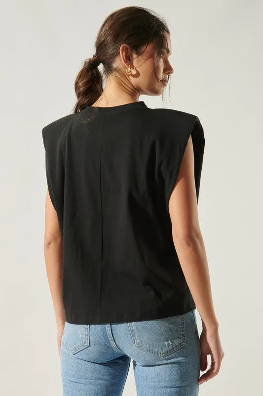 London in Black Shoulder Padded T-Shirt