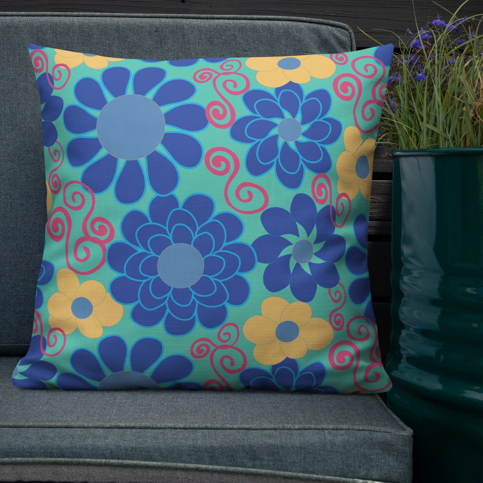 Mustard Buds Poppin’ on Blue Premium Pillow