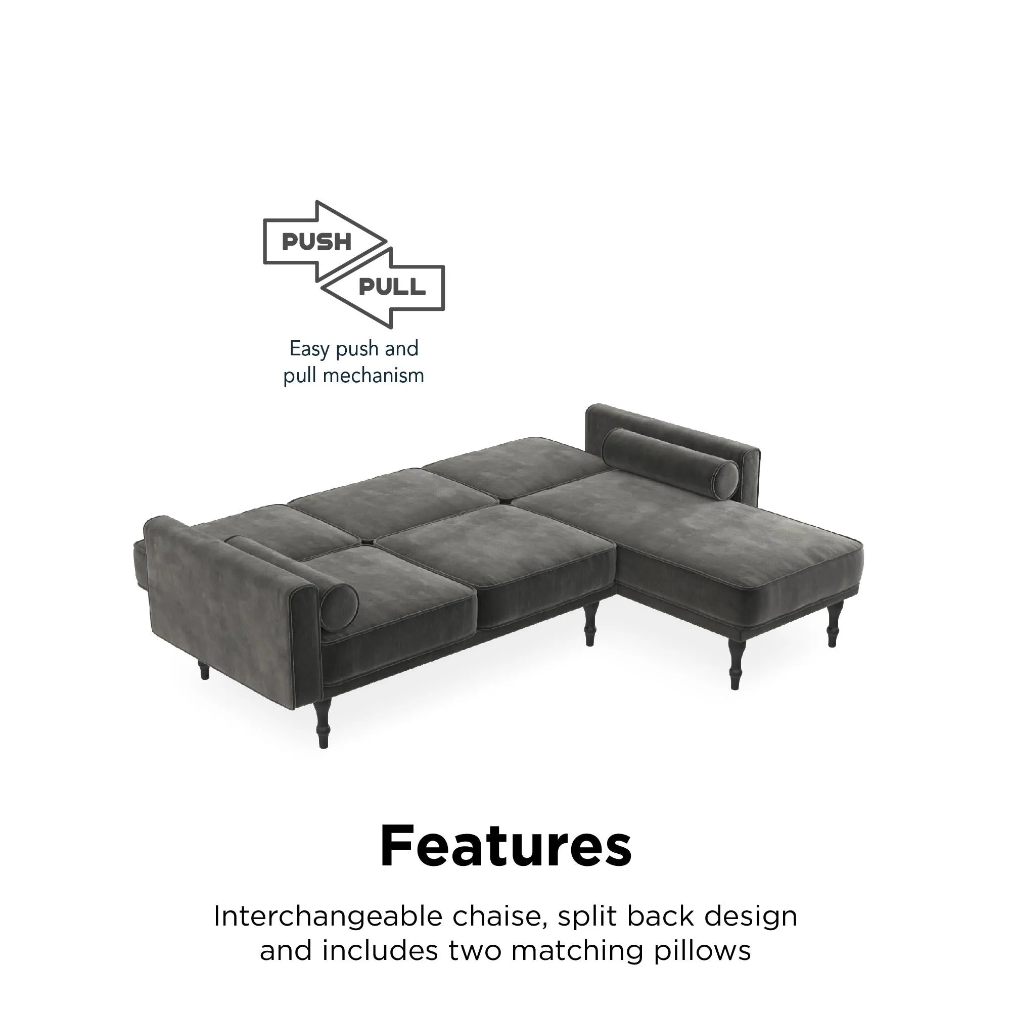 RealRooms Edison Small Space Reversible Sectional Futon, Gray Velvet