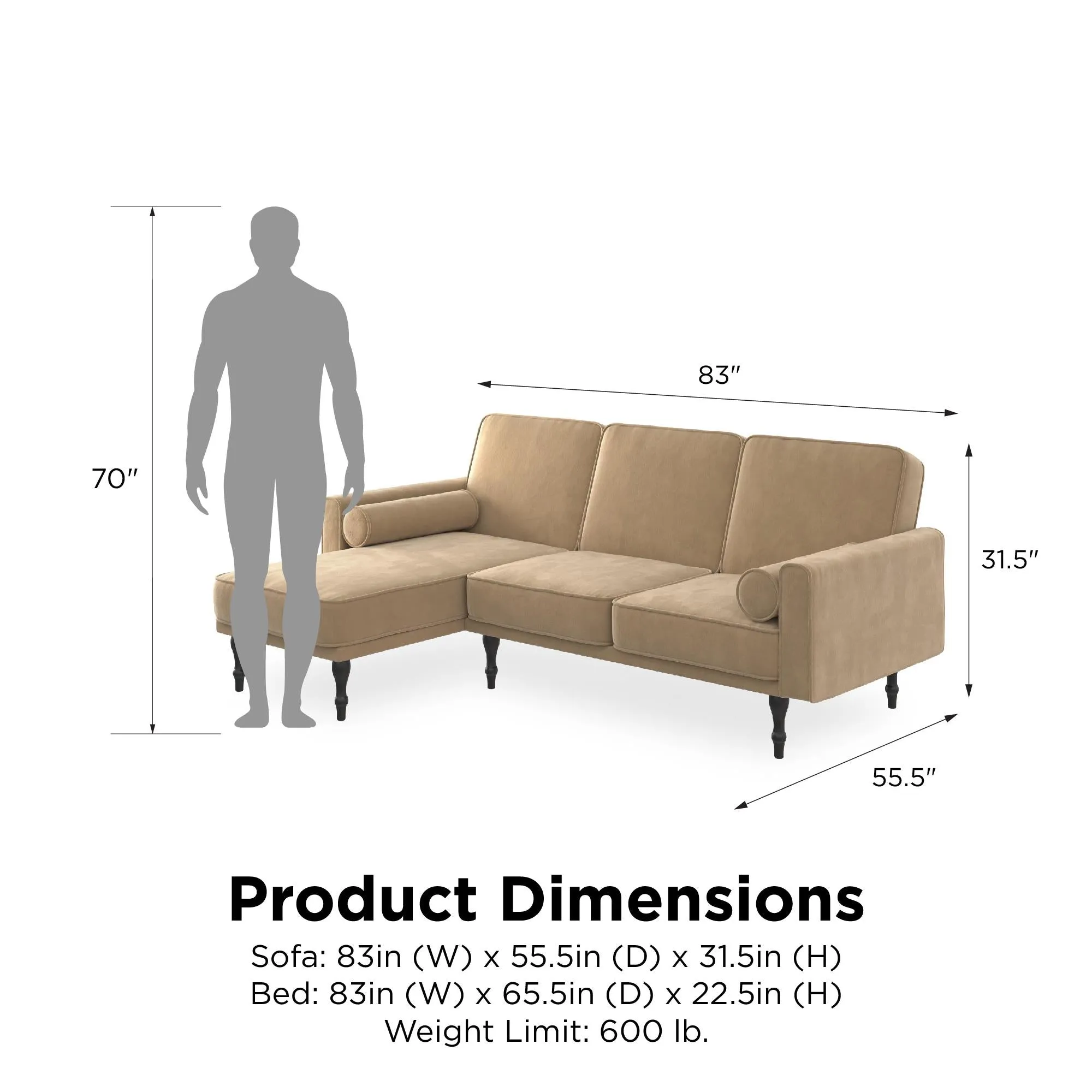 RealRooms Edison Small Space Reversible Sectional Futon, Gray Velvet