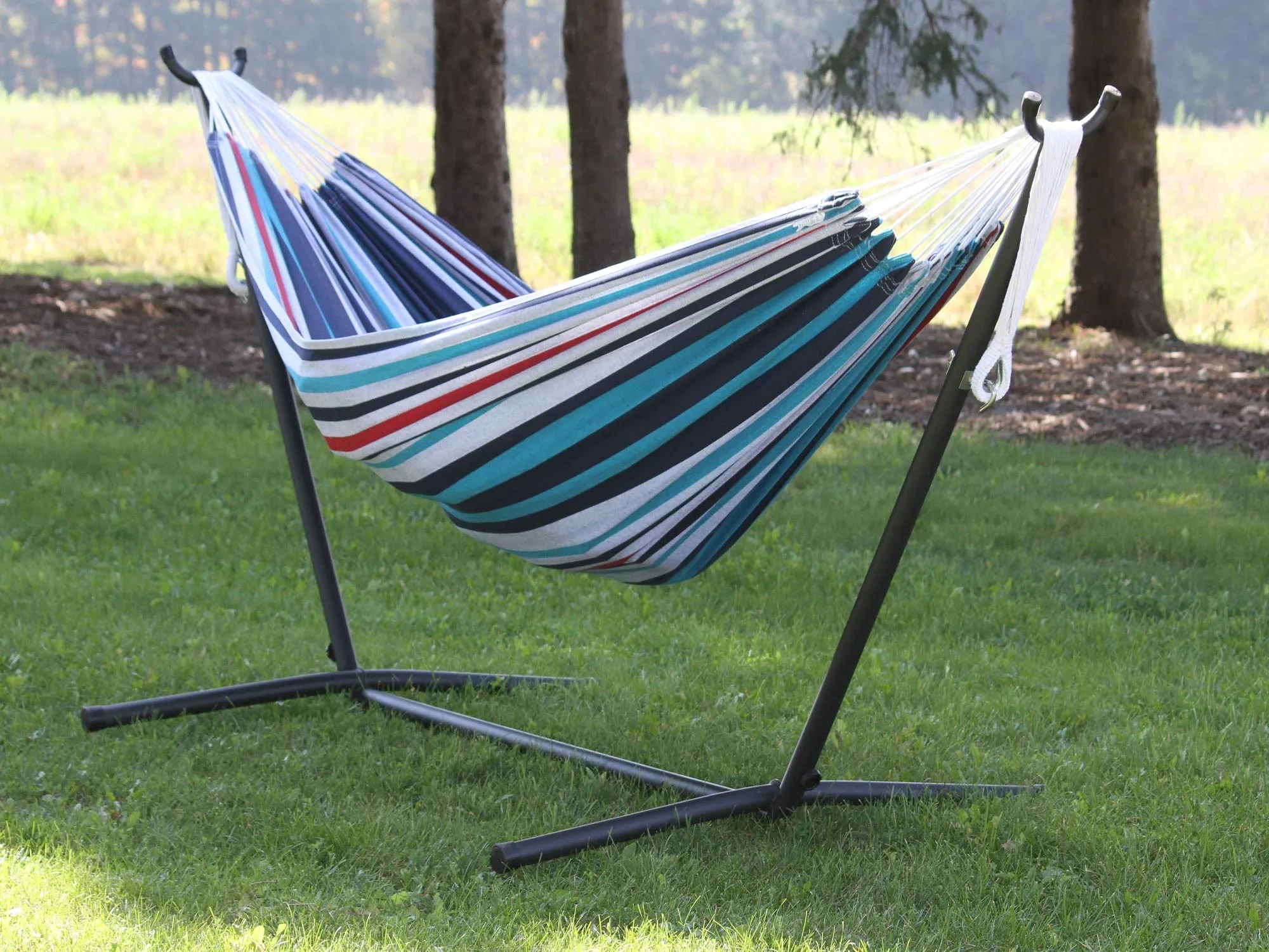 Red, White and Blue Striped Brazilian Hammock with Steel Stand - The Hamptons Collection