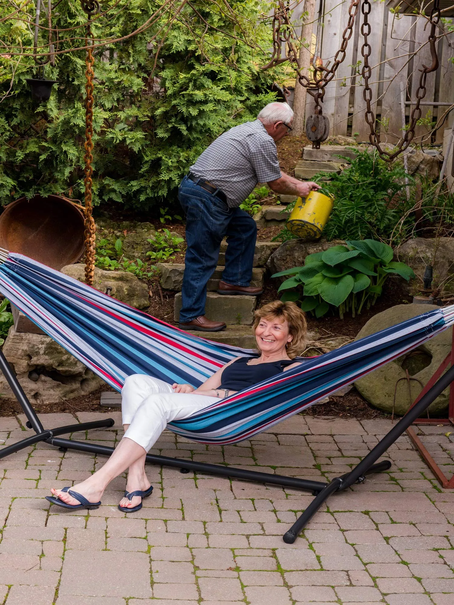 Red, White and Blue Striped Brazilian Hammock with Steel Stand - The Hamptons Collection