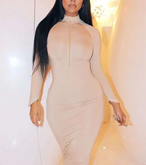 Sexy tight-fitting zipper long-sleeved bag bodycon dress