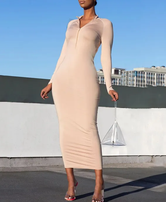 Sexy tight-fitting zipper long-sleeved bag bodycon dress